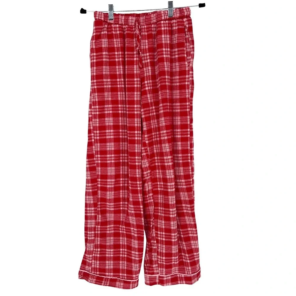 Happily Grey Red Plaid Flannel‎ Pajama Set Dog Embroidered Sleepwear Small EUC